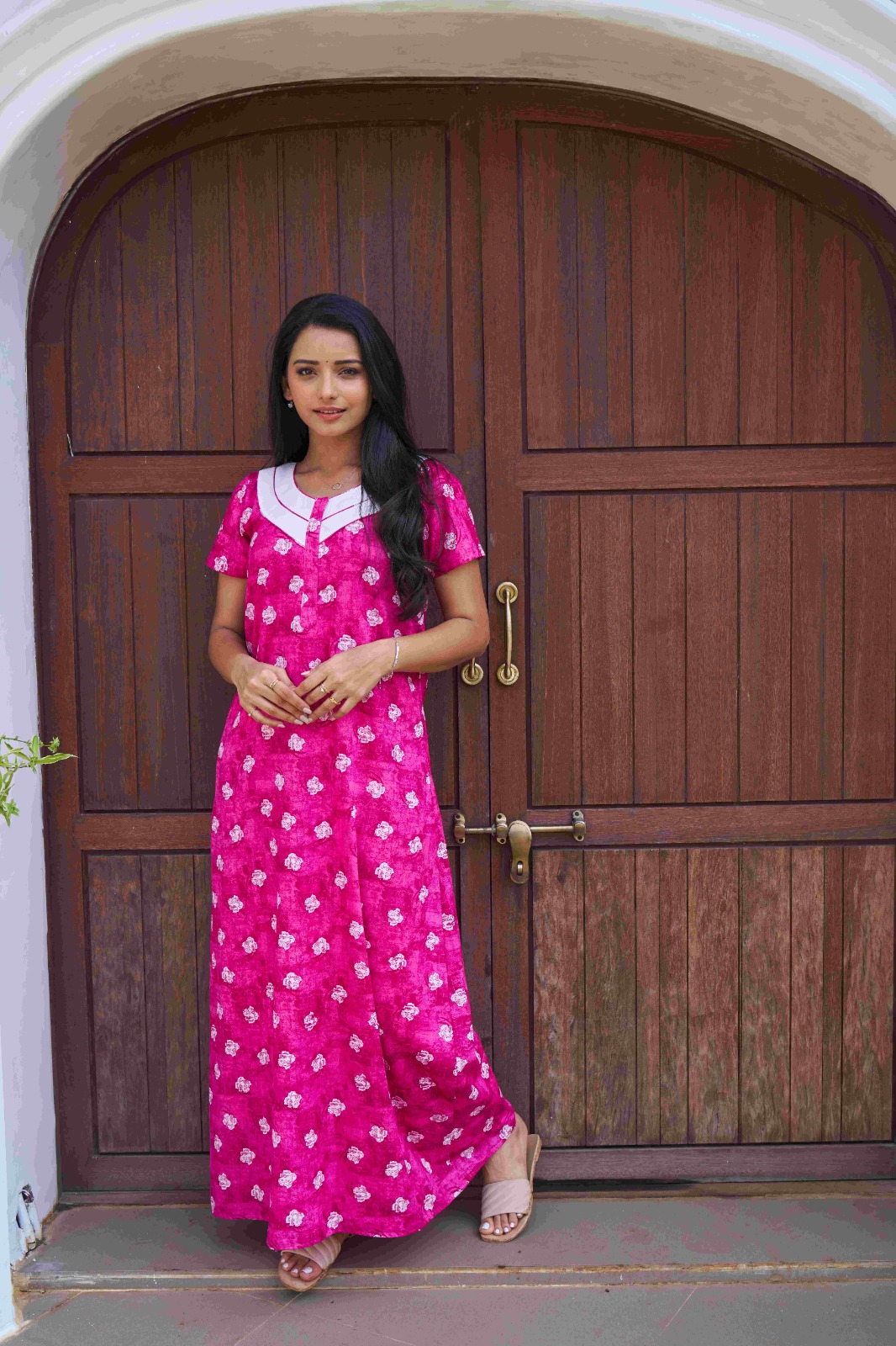 Elegant Pink Floral Cotton Night Gown